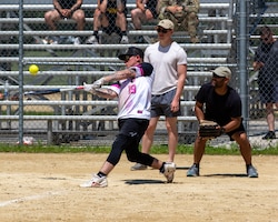 U.S. Sgt. Lane Magnus, assigned to 1st Battalion, 16th Infantry Regiment, 1st Armored Brigade Combat Team, 1st Infantry Division, played softball on Fort Riley, Kansas, June 13, 2023. Magnus alongside teammates won the match with a score of 20-4. Victory Week promotes a culture of victory by connecting the division’s historic past to the present and includes events and competitions for Soldiers and families of the 1st Infantry Division, Big Red One veterans, and distinguished member of the Flint Hills community. (U.S. Army photo by Pvt. Autumn Johnson)