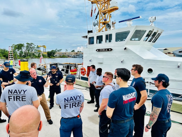 PANAMA CITY, Fla - Naval Support Activity Panama City Fire and Emergency Services conduct shipboard training with instructors from Alabama Fire College.