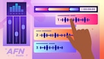 An illustration of a hand placing one audio on a track with other audio to create an hour of music. A mixer slider and audio level support graphic with a microphone is silhouetted in the background.
