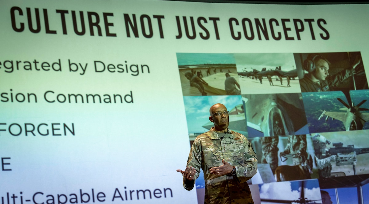 Air Force Chief of Staff Gen. CQ Brown, Jr. delivers opening remarks during the CORONA South all-call at MacDill Air Force Base, Florida, June 15, 2023.