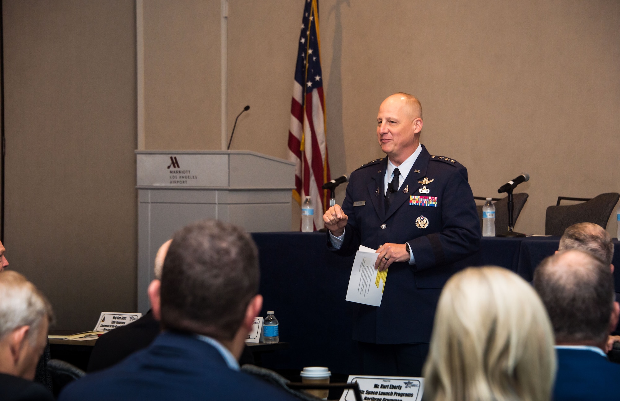Lt. Gen. Michael Guetlein, Space Systems Command, commander, speaks to a group of military leaders, industry partners, community supporters, and members of the Air and Space Forces Association Los Angeles Chapter 147 during this year’s executive forum titled “Integrated by Design: Pivot to New Architectures” in Los Angeles, California, June 9, 2023. AFA’s executive forum, an opportunity associated with the chapter’s annual recognition of SSC’s accomplishments to space, is designed to bring senior industry and government officials together to openly discuss opportunities to collaborate and strategize ways to address acquisition related challenges that impact the command’s ability to support the warfighter.   (U.S. Space Force photo by Van Ha)