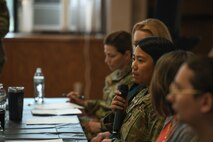 Team Minot Airmen participate in a 2023 Pride Month panel at Minot Air Force Base, North Dakota, June 14, 2023. Members of Team Minot speak during a 2023 Pride Month Panel at Minot Air Force Base, North Dakota, June 14, 2023. During the event members of the panel shared their experiences and the impact of the LGBTQI+ community. (U.S. Air Force Photo by Airman 1st Class Trust Tate)