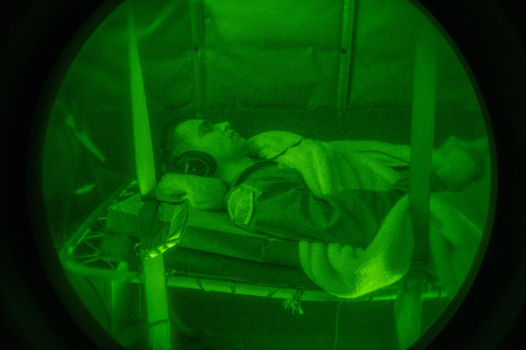 U.S. Air Force Senior Airman Chris Neuman, 92nd Air Refueling Squadron in-flight refueling specialist, sleeps during his crew rest cycle aboard a KC-135 Stratotanker during a Phase 3 Lead Wing exercise, June 6th, 2023. The 92nd Air Refueling Wing deployed personnel and KC-135 Stratotankers, in preparation to be lead tanker wing at Air Mobility Command’s capstone exercise, Mobility Guardian 2023. Concepts such as crew resting on the aircraft and wearable devices to track real time fatigue/stress on the aircrew were utilized in this phase of Mobility Guardian preparation.