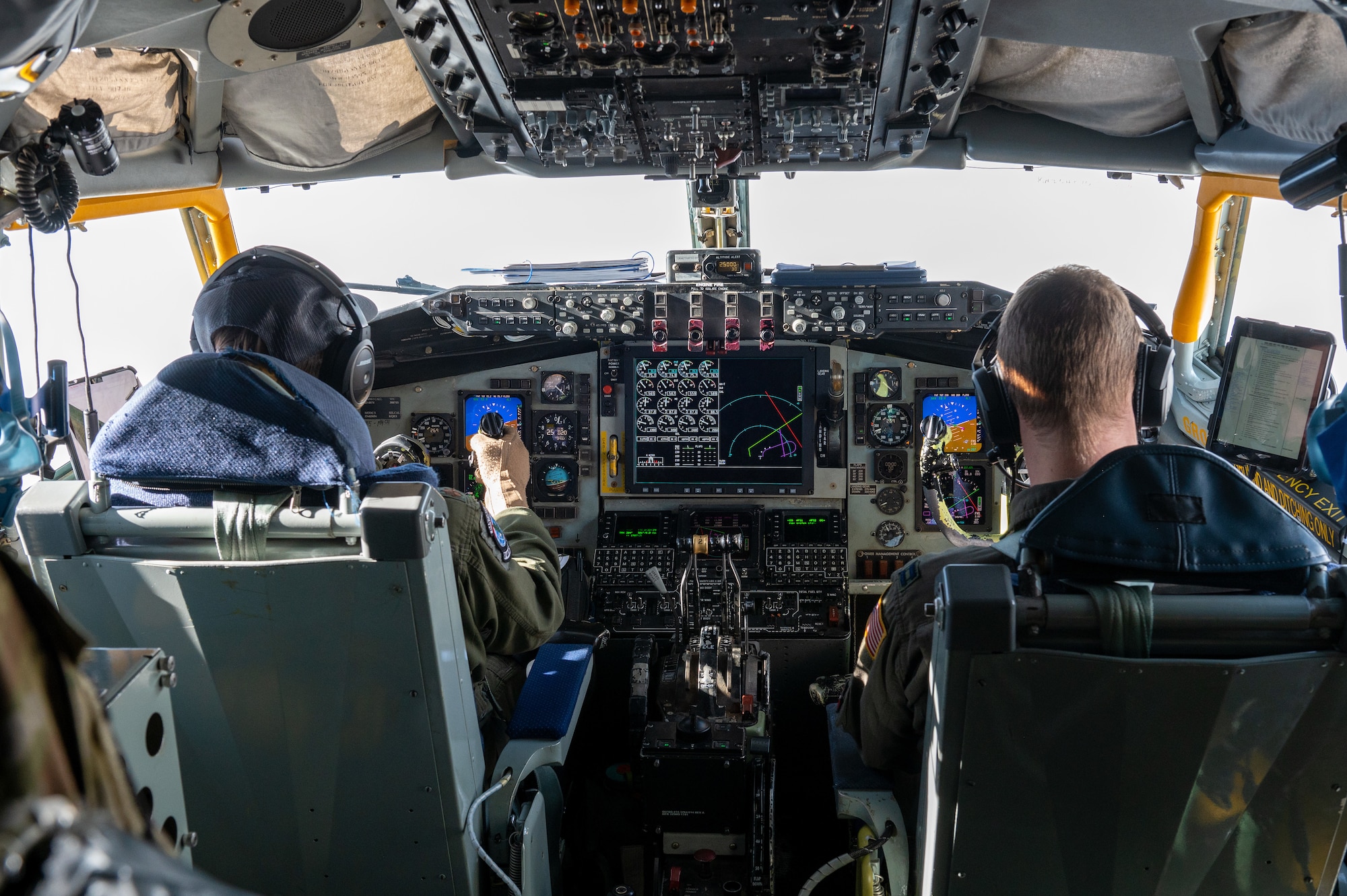 U.S. Air Force Maj. Nate (MOCA) Mocalis, 92nd Air Refueling Squadron pilot, flies a KC-135 Stratotanker alongside his co-pilot Capt Andrew Bruffy, Squadron/duty title during a Phase 3 Lead Wing exercise, June 6th, 2023. The exercise emphasized aircrew endurance while crew resting on the aircraft, wearable devices to track real time fatigue/stress on the aircrew, dynamic air refueling concepts, testing of a variety of the KC-135 mission sets, and included an advanced 72-hour endurance event.