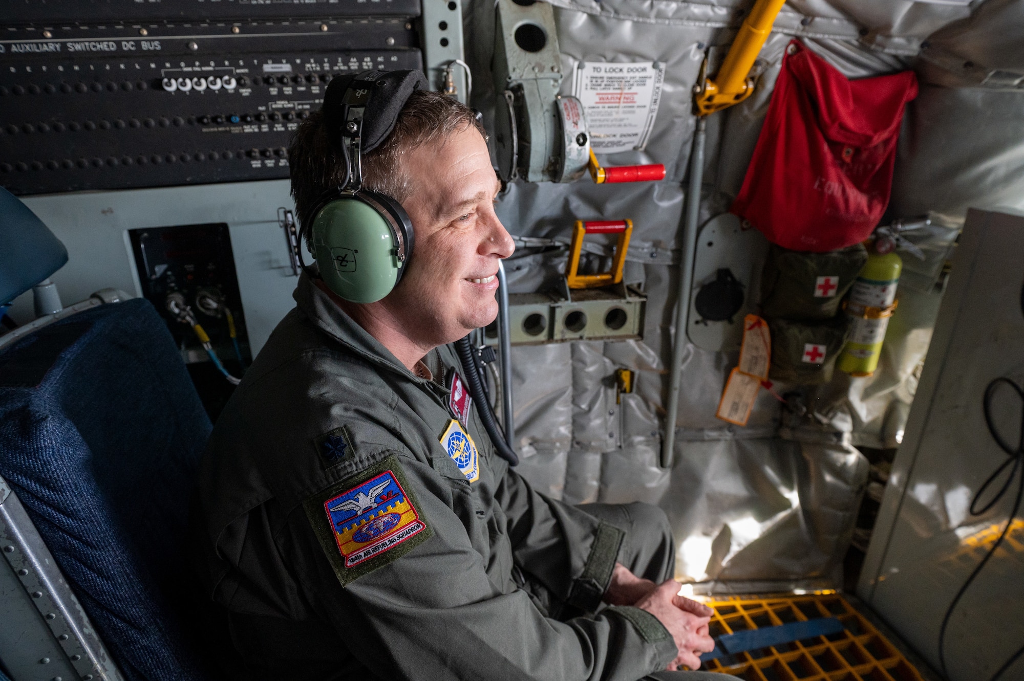 U.S. Air Force Lt. Col. Christian Cooper, 92nd Medical Group Chief of Aerospace Medicine, sits in the cockpit of a KC-135 Stratotanker during a Phase 3 Lead Wing exercise, June 6th, 2023. The 92nd Air Refueling Wing deployed personnel and KC-135 Stratotankers, to execute a Phase 3 Lead Wing exercise in preparation to be lead tanker wing at Air Mobility Command’s capstone exercise, Mobility Guardian 2023. A safety and flight medicine observer were each on board to evaluate fatigue levels and ensure the safety of the crew.