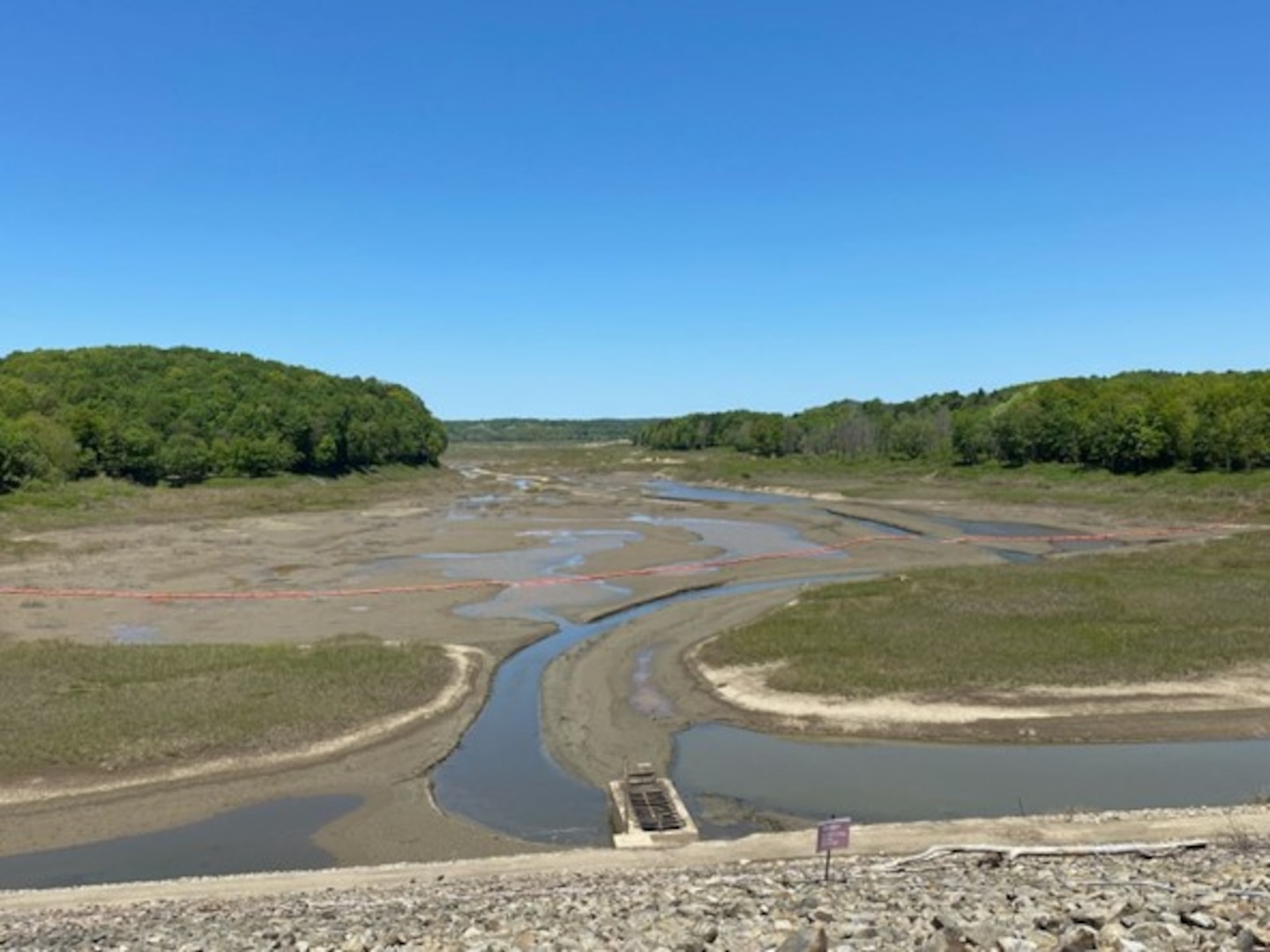 A picture of the Union City Dam reservoir during low-pool conditions.