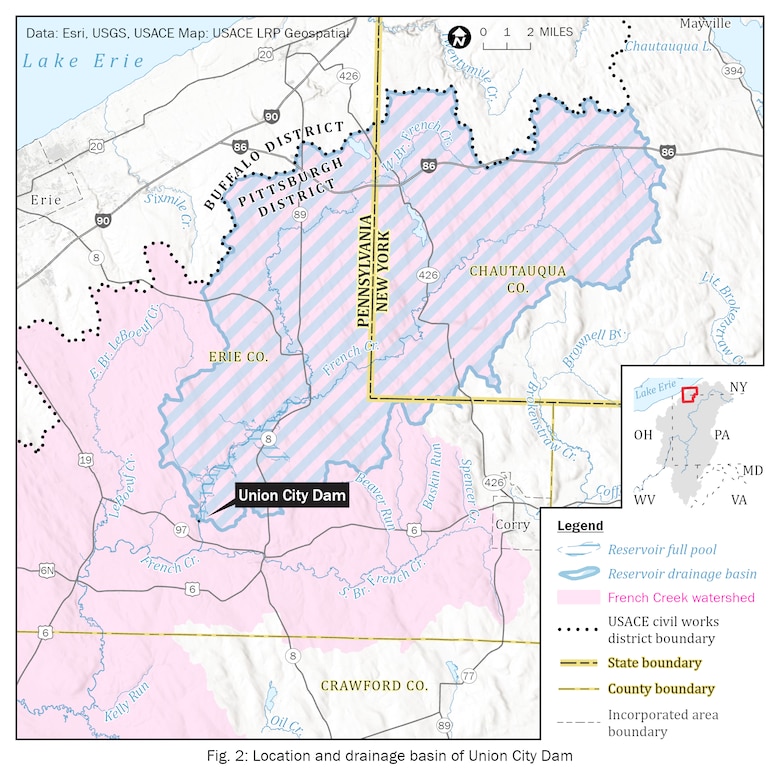 A map showing the location and drainage basin of Union City Dam.