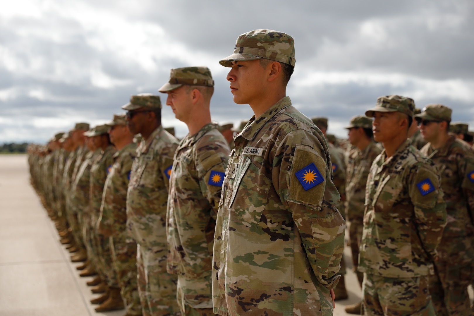 U.S. Army Soldiers stand in formation during the 40th Infantry Division deployment ceremony at Joint Forces Training Base Los Alamitos, Calif., June 11, 2023. The 40th Infantry Division will take part in peacekeeping Operation Spartan Shield in southwest Asia.