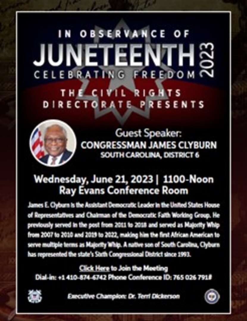 Flyer promoting U.S. Coast Guard members to attend in person or virtually, through Teams, a Juneteenth celebration.