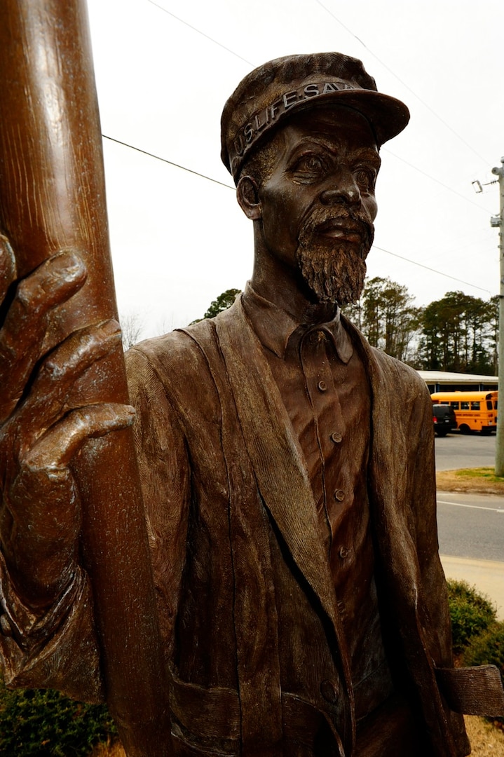 Bronze sculpture of Richard Etheridge showing him later in life as Keeper of the Pea Island Life-Saving Service Station. (U.S. Coast Guard)