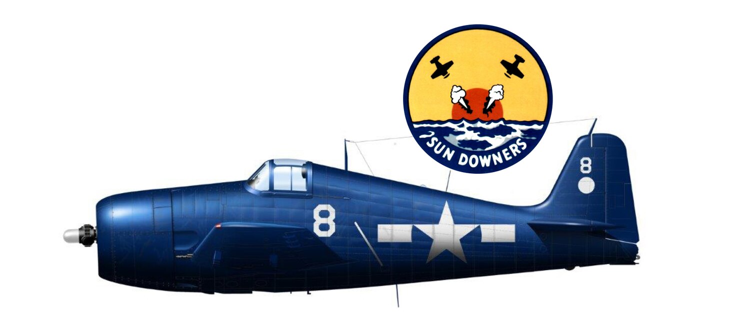 Cmdr. Frederick R. Schrader, Commander of Carrier Air Group (CAG) 11, USS Hornet (CV 12), was flying this Grumman F6F-5 Hellcat. Bu. No. 58192, when he was shot down while leading a strike on Formosa on Oct. 13, 1944. After graduating from the U.S. Naval Academy in 1935 and after going through flight training, he was designated a naval aviator in 1940. This Hellcat was not necessarily his assigned aircraft as CAG but he was flying it when he was lost while strafing a Japanese seaplane base. His call sign would have been “Ginger 8,” using the aircraft’s assigned squadron number. 

The Sundowner Squadron Insignia
From “VF-11/111 ‘Sundowners’ 1942-95,” by Barrett Tillman with Henk van der Lugt, Osprey, 2010.
“Sundowner” was a term from the age of sail, alluding to a hard-working sailor or captain who toiled until the day was done. In World War II, the term had obvious Pacific Theatre implications, as VF-11’s primary duty was downing Japanese “suns.”