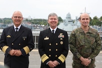 From left, Vice Adm. Jans Kaack, chief of the German Navy, Vice Adm. Thomas Ishee, commander of U.S. Sixth Fleet and Naval Striking and Support Forces NATO, and Lt. Gen. Luis Lanchares Dávila, deputy commander of Allied Joint Force Command Brunssum, attend the closing conference of exercise Baltic Operations 2023. BALTOPS 23 is the premier maritime-focused exercise in the Baltic Region. The exercise, led by U.S. Naval Forces Europe-Africa and executed by Naval Striking and Support Forces NATO provides a unique training opportunity to strengthen the combined response capability critical to preserving the freedom of navigation and security in the Baltic Sea. (Courtesy Photo)