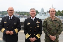 From left, Vice Adm. Jans Kaack, chief of the German Navy, Vice Adm. Thomas Ishee, commander of U.S. Sixth Fleet and Naval Striking and Support Forces NATO, and Lt. Gen. Luis Lanchares Dávila, deputy commander of Allied Joint Force Command Brunssum, attend the closing conference of exercise Baltic Operations 2023. BALTOPS 23 is the premier maritime-focused exercise in the Baltic Region. The exercise, led by U.S. Naval Forces Europe-Africa and executed by Naval Striking and Support Forces NATO provides a unique training opportunity to strengthen the combined response capability critical to preserving the freedom of navigation and security in the Baltic Sea. (Courtesy Photo)