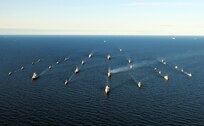 230604-N-JC445-1409 BALTIC SEA (June 4, 2023) Ships participating in exercise Baltic Operations 2023 (BALTOPS 23) steam in formation through the Baltic Sea, June 4, 2023. BALTOPS 23 is the premier maritime-focused exercise in the Baltic Region. The exercise, led by U.S. Naval Forces Europe-Africa and executed by Naval Striking and Support Forces NATO provides a unique training opportunity to strengthen the combined response capability critical to preserving the freedom of navigation and security in the Baltic Sea. (U.S. Navy Photo by Mass Communication Specialist 2nd Class Mario Coto)