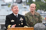 Vice Admiral Thomas Ishee, commander, Naval Striking and Support Forces NATO and commander, U.S. Sixth Fleet speaks during the BALTOPS 23 closing ceremony in Kiel, Germany, June 16, 2023. BALTOPS 23 is the premier maritime-focused exercise in the Baltic Region. The exercise, led by U.S. Naval Forces Europe-Africa and executed by Naval Striking and Support Forces NATO provides a unique training opportunity to strengthen the combined response capability critical to preserving the freedom of navigation and security in the Baltic Sea. (Courtesy Photo)