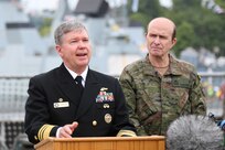 Vice Admiral Thomas Ishee, commander, Naval Striking and Support Forces NATO and commander, U.S. Sixth Fleet speaks during the BALTOPS 23 closing ceremony in Kiel, Germany, June 16, 2023. BALTOPS 23 is the premier maritime-focused exercise in the Baltic Region. The exercise, led by U.S. Naval Forces Europe-Africa and executed by Naval Striking and Support Forces NATO provides a unique training opportunity to strengthen the combined response capability critical to preserving the freedom of navigation and security in the Baltic Sea. (Courtesy Photo)