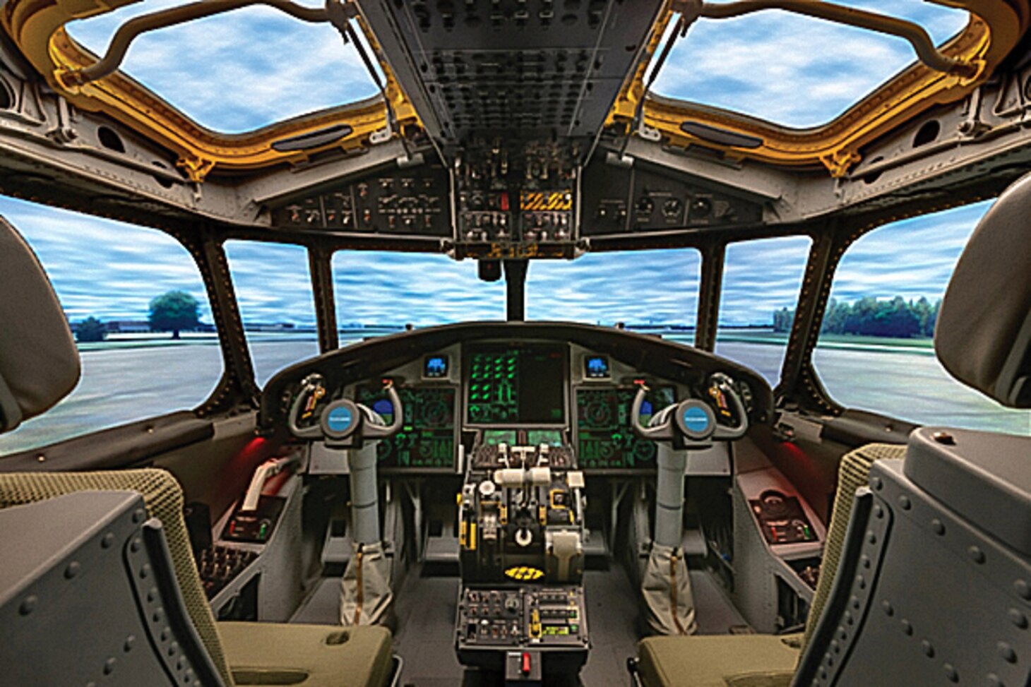 Cockpit view of an Aircrew Procedures Trainer device.