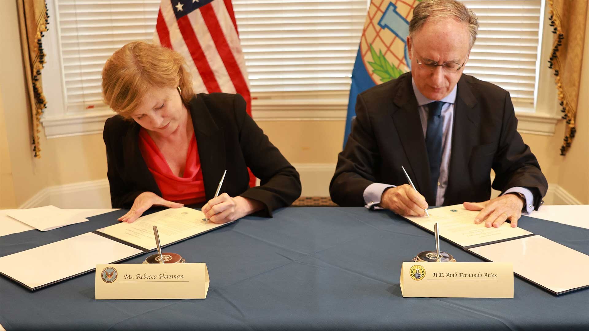 The Defense Threat Reduction Agency’s Director, Rebecca Hersman, participated in a signing ceremony alongside the Director-General of the Organisation for the Prohibition of Chemical Weapons (OPCW), Ambassador Fernando Arias, as part of her visit to Bluegrass Army Depot in Berea, Ky., June 12. DTRA and the OPCW work together on innovative capacity-building and training programs rooted in strengthening international norms against chemical weapons.