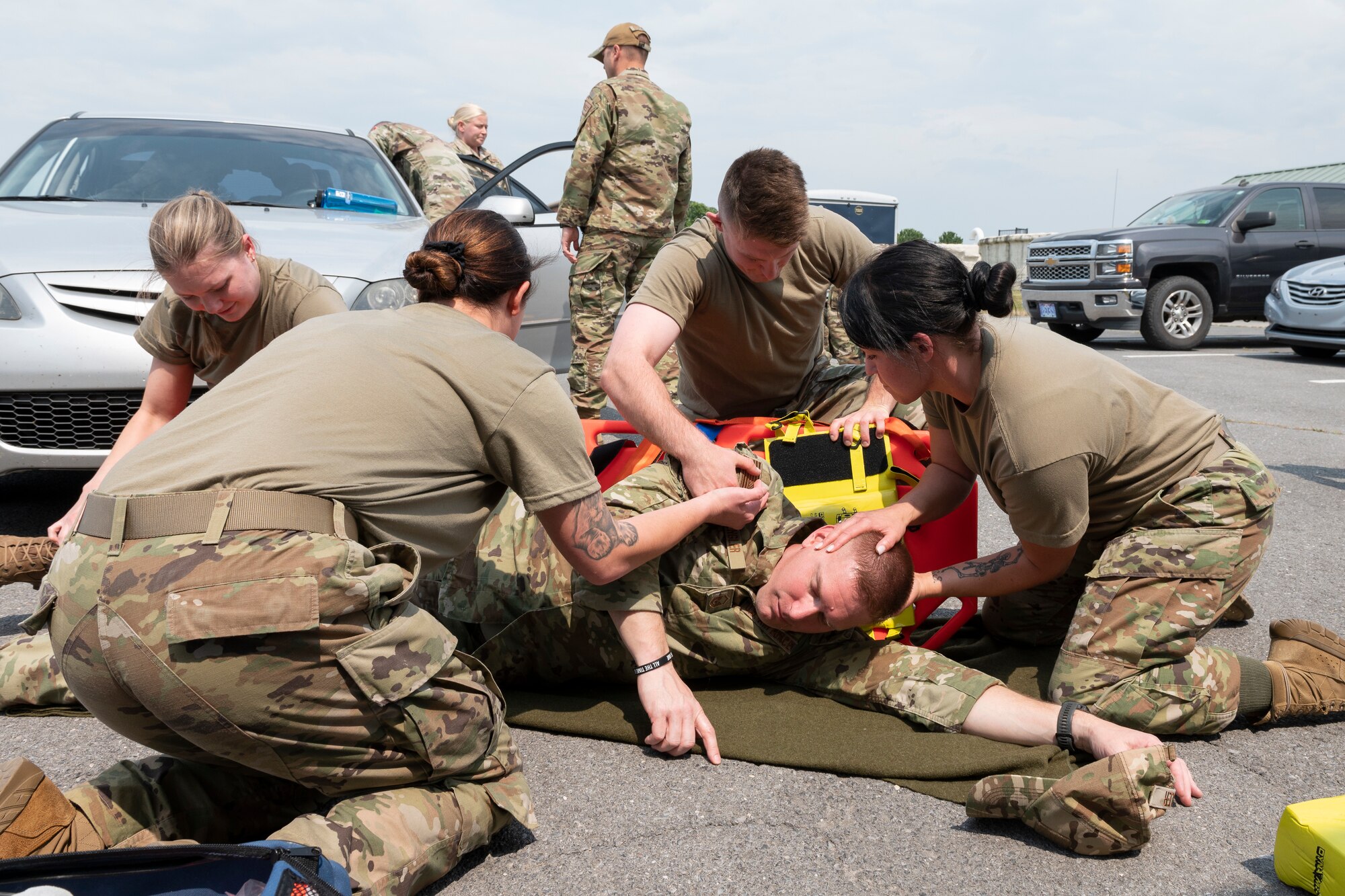167th Medical Group Airmen participate in a casualty exercise as part of an extended unit training assembly at Shepherd Field, Martinsburg, West Virginia, June 9, 2023.
