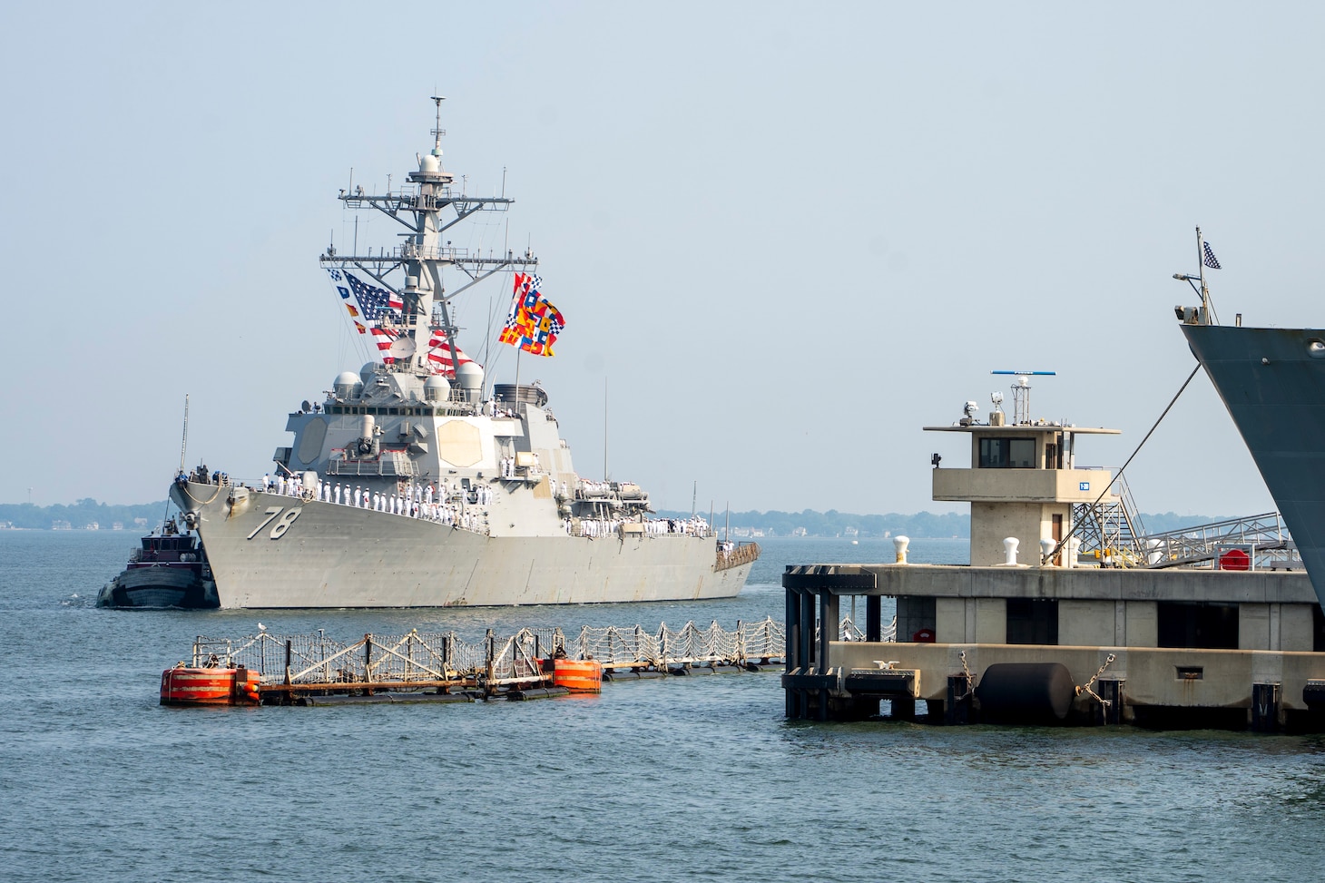 NORFOLK, Va. - The Arleigh Burke-class guided-missile destroyer USS Porter (DDG 78) returns to Naval Station Norfolk following a four-month deployment, June 16, 2023. Porter deployed to the U.S. Naval Forces Europe-Africa (NAVEUR-NAVAF) area of operations. (U.S. Navy photo by Mass Communication Specialist 2nd Class Anderson W. Branch)
