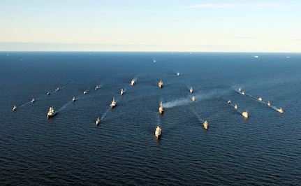 230604-N-JC445-1409 BALTIC SEA (June 4, 2023) Ships participating in exercise Baltic Operations 2023 (BALTOPS 23) steam in formation through the Baltic Sea, June 4, 2023. BALTOPS 23 is the premier maritime-focused exercise in the Baltic Region. The exercise, led by U.S. Naval Forces Europe-Africa and executed by Naval Striking and Support Forces NATO provides a unique training opportunity to strengthen the combined response capability critical to preserving the freedom of navigation and security in the Baltic Sea. (U.S. Navy Photo by Mass Communication Specialist 2nd Class Mario Coto)