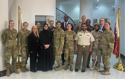 West Virginia National Guardsmen Tech. Sgt. Victoria Bagley, Maj. Taylar Belfield, left, and 1st Lt. Abbey Welborn, fourth from right in front row, participated in the Women in Strategic Intelligence Seminar at the Directorate of Military Intelligence in Doha, Qatar, May 14-18, 2023. The West Virginia National Guard and the Qatari Armed Forces are partnered through the Department of Defense National Guard Bureau State Partnership Program.