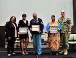 IMAGE: Naval Surface Warfare Center Dahlgren Division (NSWCDD) Commanding Officer Capt. Philip Mlynarski, Eunice Haigler, Pastor Hashmel Turner Jr., Charita Mariner and NSWCDD Human Systems Engineer, Dr. Sherry Springs after the Juneteenth Freedom Day Observance, June 14.