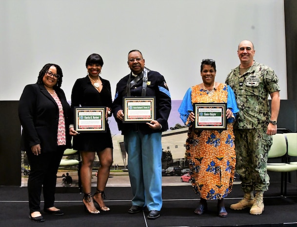 IMAGE: Naval Surface Warfare Center Dahlgren Division (NSWCDD) Commanding Officer Capt. Philip Mlynarski, Eunice Haigler, Pastor Hashmel Turner Jr., Charita Mariner and NSWCDD Human Systems Engineer, Dr. Sherry Springs after the Juneteenth Freedom Day Observance, June 14.