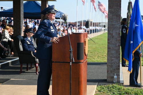 U.S. Air Force Col. Angelina Maguinness, 17th Training Wing commander, addresses attendees the 17th TRW upon taking command at Goodfellow Air Force Base, Texas, June 16, 2023. The 17th TRW’s vision is to lead fire and information warfare training and concepts for the Air Force by training, transforming, and empowering joint and coalition warriors. (U.S. Air Force photo by Senior Airman Sarah Williams)