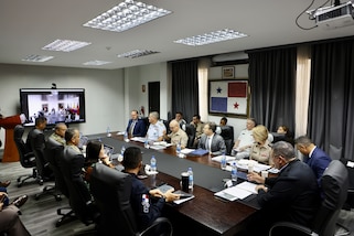 PANAMA (June 15, 2023) -- The commander of U.S. Southern Command, U.S. Army Gen. Laura Richardson, takes part in a trilateral meeting with Panamanian Minister of Public Security Juan Pino, and Colombian Minister of Defense Iván Velásquez to discuss joint efforts to address the humanitarian crisis in Darién.