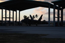 A Total Force F-22 Raptor awaits a preflight check before night operations