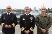 From left, Vice Adm. Jans Kaack, chief of the German Navy, Vice Adm. Thomas Ishee, commander of U.S. Sixth Fleet and Naval Striking and Support Forces NATO, and Lt. Gen. Luis Lanchares Dávila, deputy commander of Allied Joint Force Command Brunssum, attend the closing conference of exercise Baltic Operations 2023. BALTOPS 23 is the premier maritime-focused exercise in the Baltic Region. The exercise, led by U.S. Naval Forces Europe-Africa and executed by Naval Striking and Support Forces NATO provides a unique training opportunity to strengthen the combined response capability critical to preserving the freedom of navigation and security in the Baltic Sea. (Courtesy Photo)