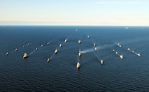 230604-N-JC445-1409 BALTIC SEA (June 4, 2023) Ships participating in exercise Baltic Operations 2023 (BALTOPS 23) steam in formation through the Baltic Sea, June 4, 2023. BALTOPS 23 is the premier maritime-focused exercise in the Baltic Region. The exercise, led by U.S. Naval Forces Europe-Africa and executed by Naval Striking and Support Forces NATO provides a unique training opportunity to strengthen the combined response capability critical to preserving the freedom of navigation and security in the Baltic Sea. (U.S. Navy Photo by Mass Communication Specialist 2nd Class Mario Coto)