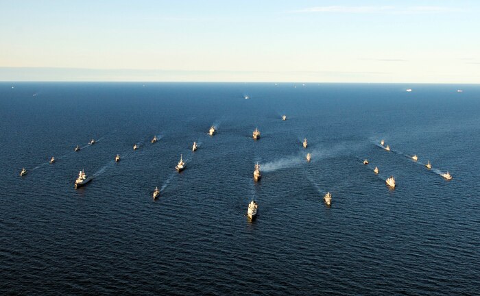 230604-N-JC445-1409 BALTIC SEA (June 4, 2023) Ships participating in exercise Baltic Operations 2023 (BALTOPS 23) steam in formation through the Baltic Sea, June 4, 2023. BALTOPS 23 is the premier maritime-focused exercise in the Baltic Region. The exercise, led by U.S. Naval Forces Europe-Africa and executed by Naval Striking and Support Forces NATO provides a unique training opportunity to strengthen the combined response capability critical to preserving the freedom of navigation and security in the Baltic Sea. (U.S. Navy Photo by Mass Communication Specialist 2nd Class Mario Coto)