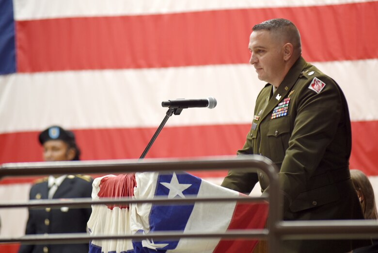 Lt. Col. Robert W. Green addresses guests after taking command of the U.S. Army Corps of Engineers Nashville District during a change of command ceremony June 16, 2023, at the Tennessee National Guard Armory in Nashville, Tennessee. Green is the 68th commander of the Nashville District. (USACE photo by Lee Roberts)