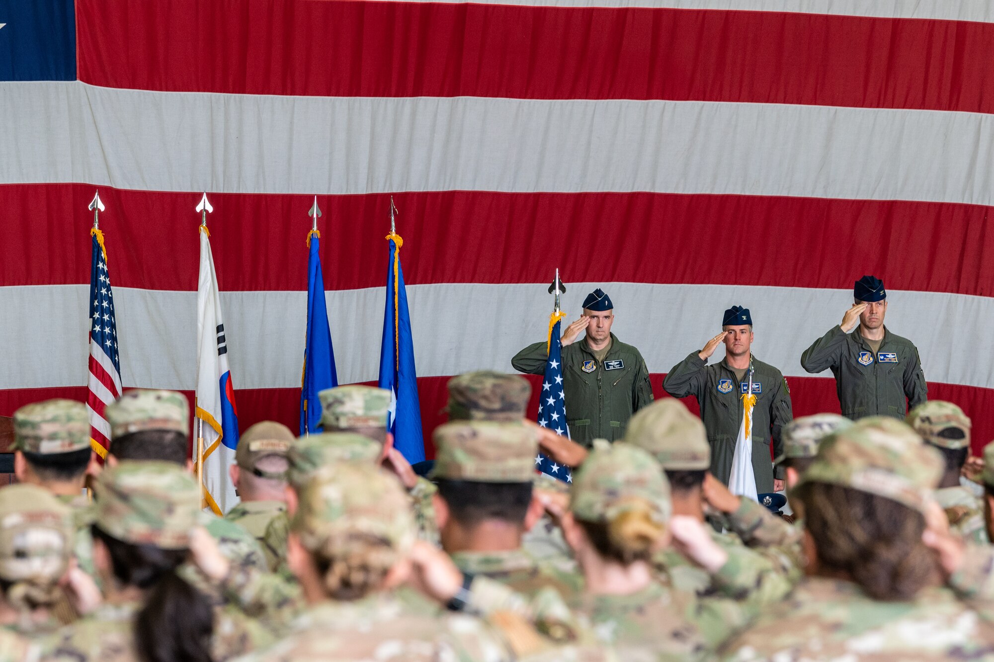 Photo of Airmen, various leadership at a wing-level change of command ceremony
