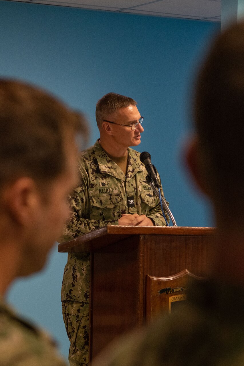 Capt. Odin J. Klug, commanding officer, Naval Support Activity (NSA) Souda Bay, speaks about the importance of Juneteenth National Independence Day during a celebration at The Anchor on June 15, 2023.