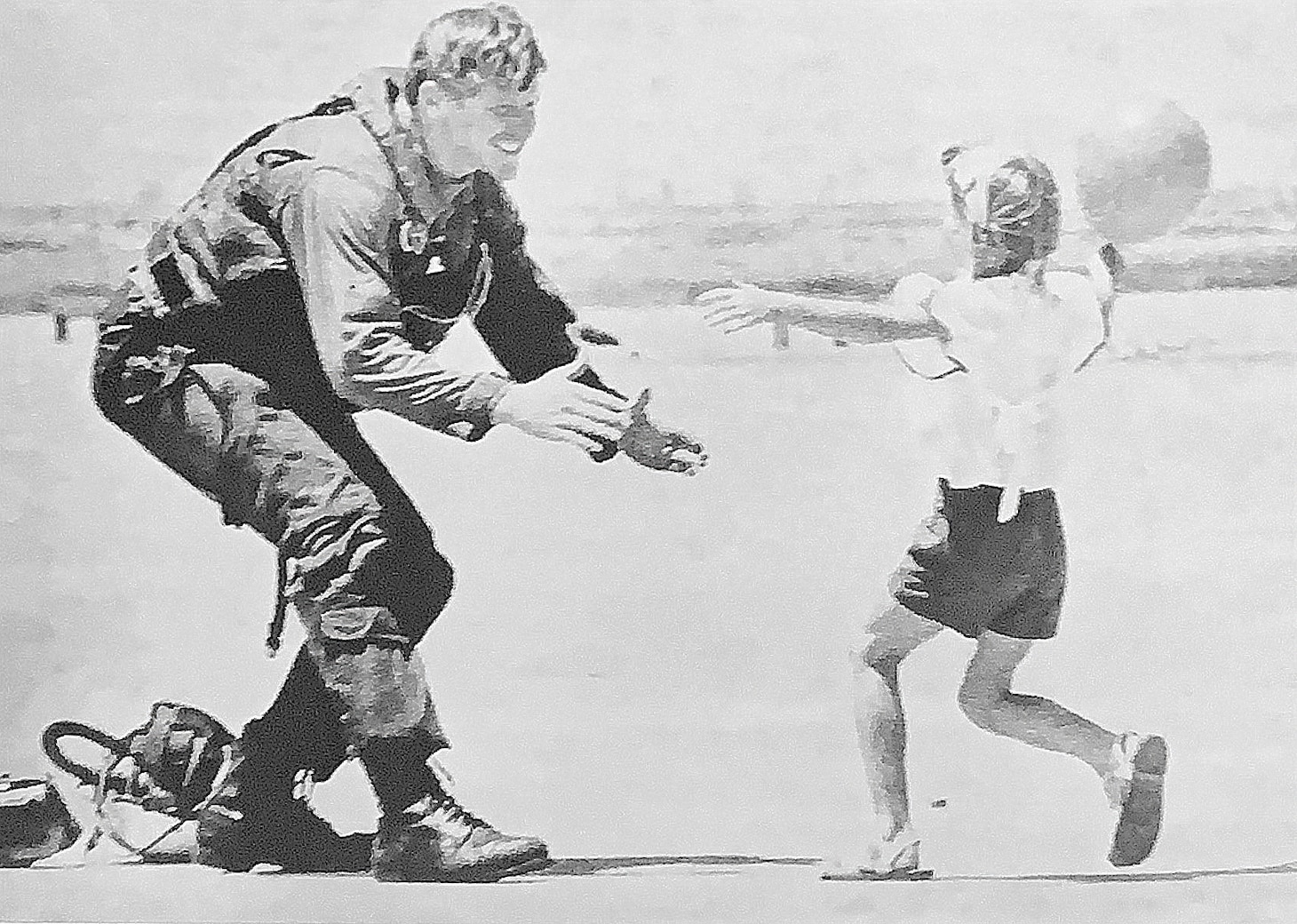 Returning home to Lemoore, California, from his third cruise in 1973, Gil is delighted as his 6-year-old daughter Valerie breaks through security lines to run to her dad. Anyone who has been there has to smile at this wonderful heart-touching example of a homecoming for family members. Twenty-three years later, the scene was repeated with father and daughter exchanging roles when Valerie, now an E-2 pilot, was returning from a cruise in the same carrier, the USS Enterprise (CVN 65), that had taken her father home.