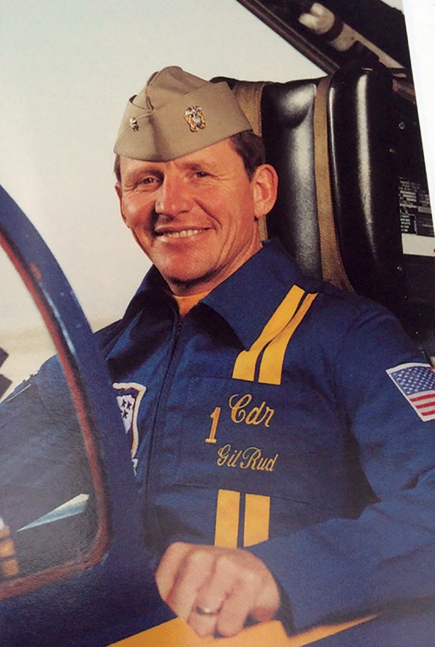 Now the Boss of the Blue Angels, Cmdr. Rud beams from the cockpit of the team’s new mount, the F/A-18 Hornet, in 1987.