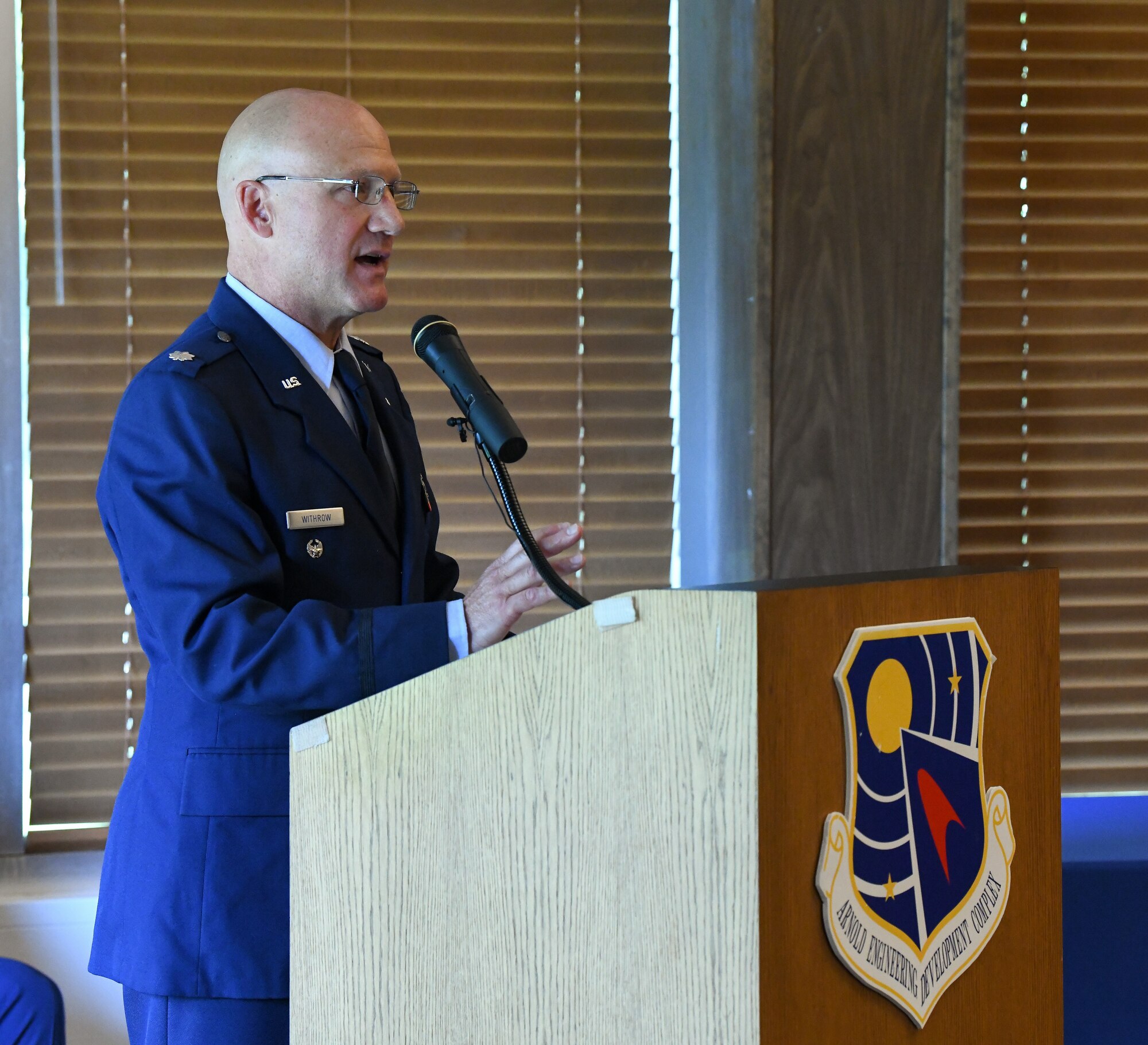 Lt. Col. Eric Withrow, chief of the Test Support Division, speaks after assuming leadership of the division during a change of leadership ceremony at Arnold Air Force Base, Tenn., June 2, 2023. (U.S. Air Force photo by Jill Pickett)