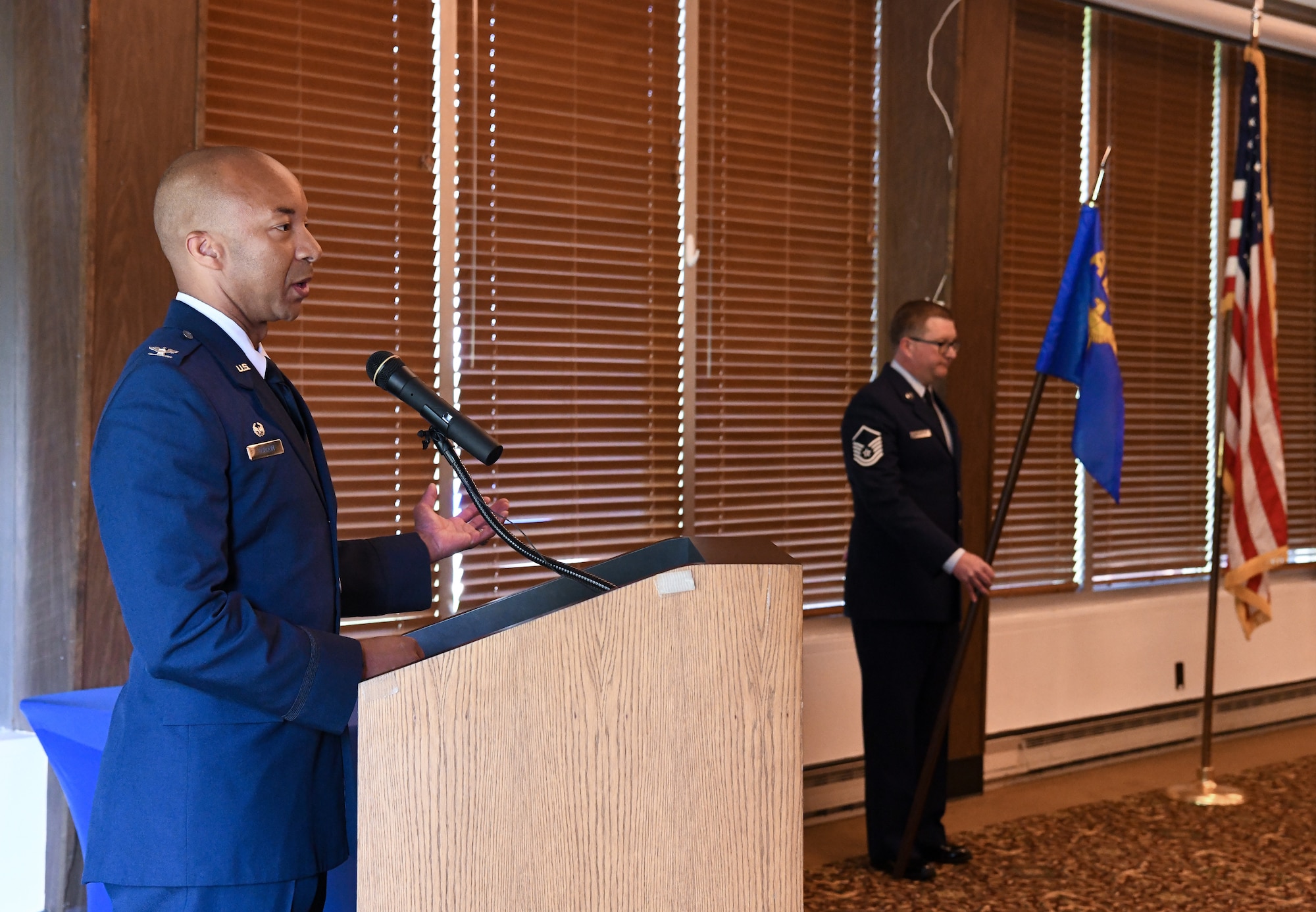 Col. Randel Gordon, Arnold Engineering Development Complex commander, speaks during the change of leadership ceremony for the Test Support Division, AEDC, at Arnold Air Force Base, Tenn., June 2, 2023. Col. R. Chris Lance relinquished leadership and Lt. Col. Eric Withrow assumed leadership of the division. (U.S. Air Force photo by Jill Pickett)