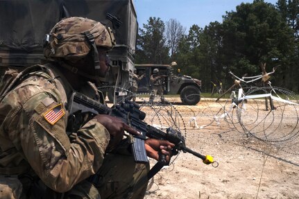 Spc. Christopher Strawn, with G Company, 250th Brigade Support Battalion, New Jersey Army National Guard, participates in a rotation at the Joint Readiness Training Center, Fort Johnson, Louisiana. About 3,000 Soldiers from the 44th Infantry Brigade Combat Team participated in the rotation May 29-June 11, 2023, with another 2,500 from Army Guard units in a dozen states and Puerto Rico.