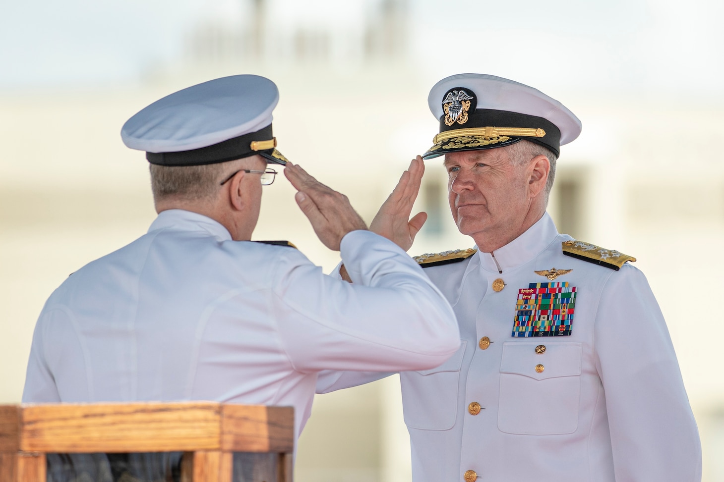 PEARL HARBOR (June 15, 2023) Adm. Samuel Paparo, commander, U.S. Pacific Fleet, right, receives report of relief from Rear Adm. Rick Seif, incoming commander, Submarine Force, U.S. Pacific Fleet (COMSUBPAC), during the COMSUBPAC change of command ceremony aboard the Virginia-class fast-attack submarine USS Missouri (SSN 780), June 15, 2023. Rear Adm. Rick Seif relieved Rear Adm. Jeff Jablon in a ceremony held on the waterfront. (U.S. Navy photo by Mass Communication Specialist 1st Class Chris Williamson)