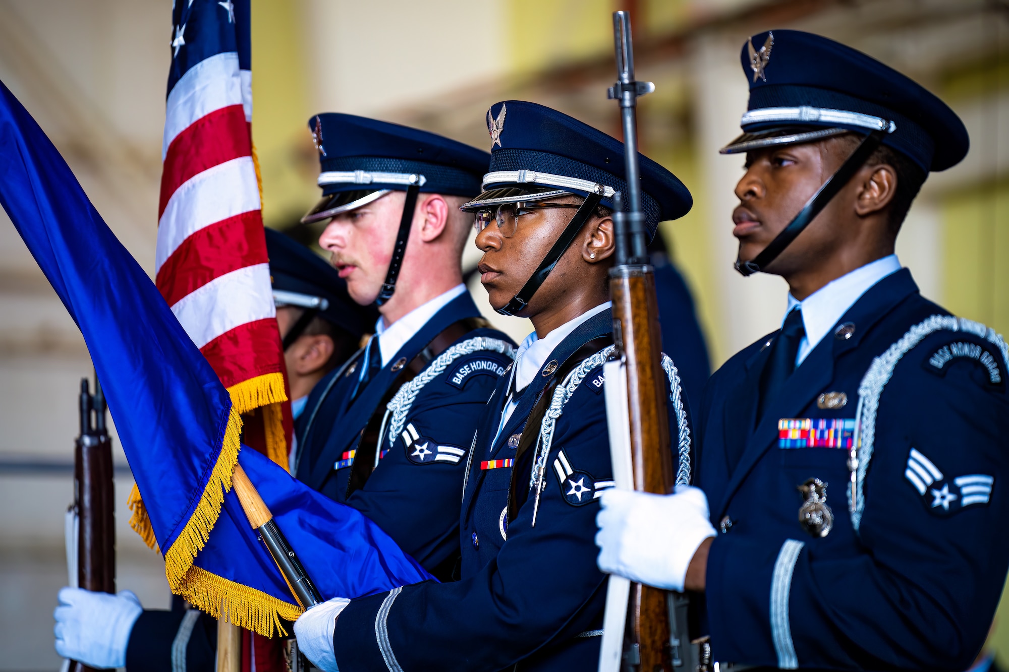 Members of the Kirtland Air Force Base Honor Guard stand at attention.
