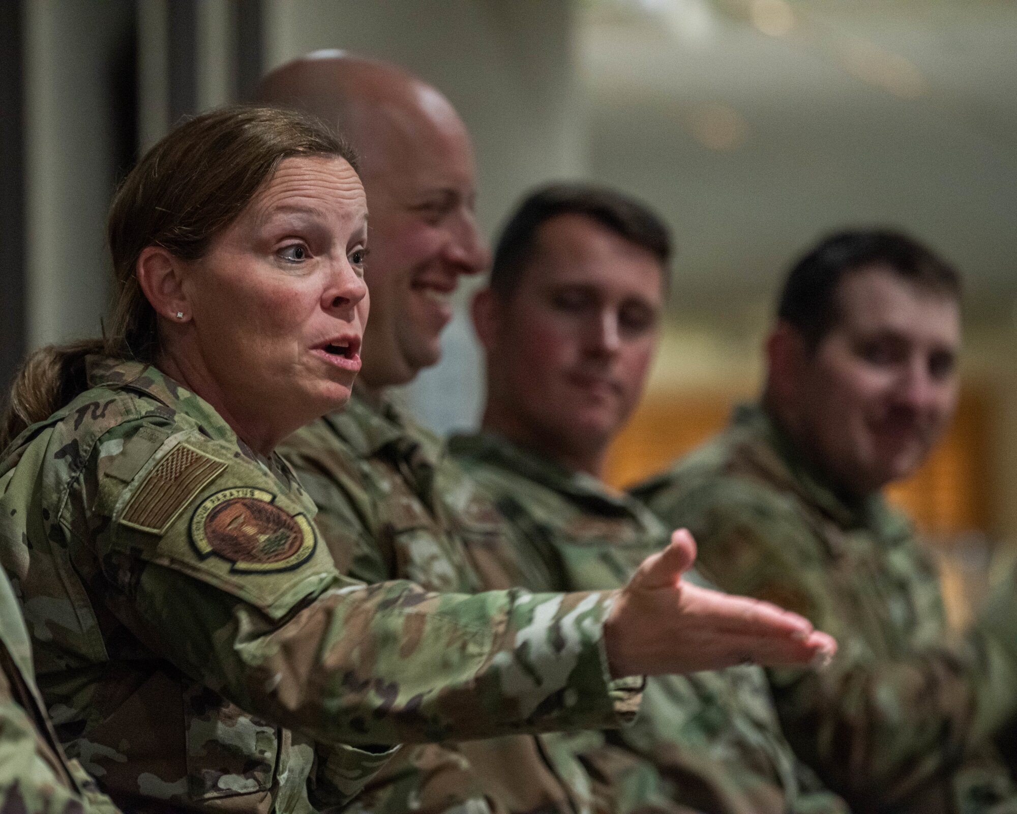 Chief Master Sgt. Ernest Crider, 91st Missile Wing command chief, delivers a speech at the First Sergeant Symposium at Minot Air Force Base, North Dakota, June 13, 2023. Crider emphasized the importance of emotional intelligence to effectively perform as a first sergeant. (U.S. Air Force photo by Airman 1st Class Kyle Wilson)