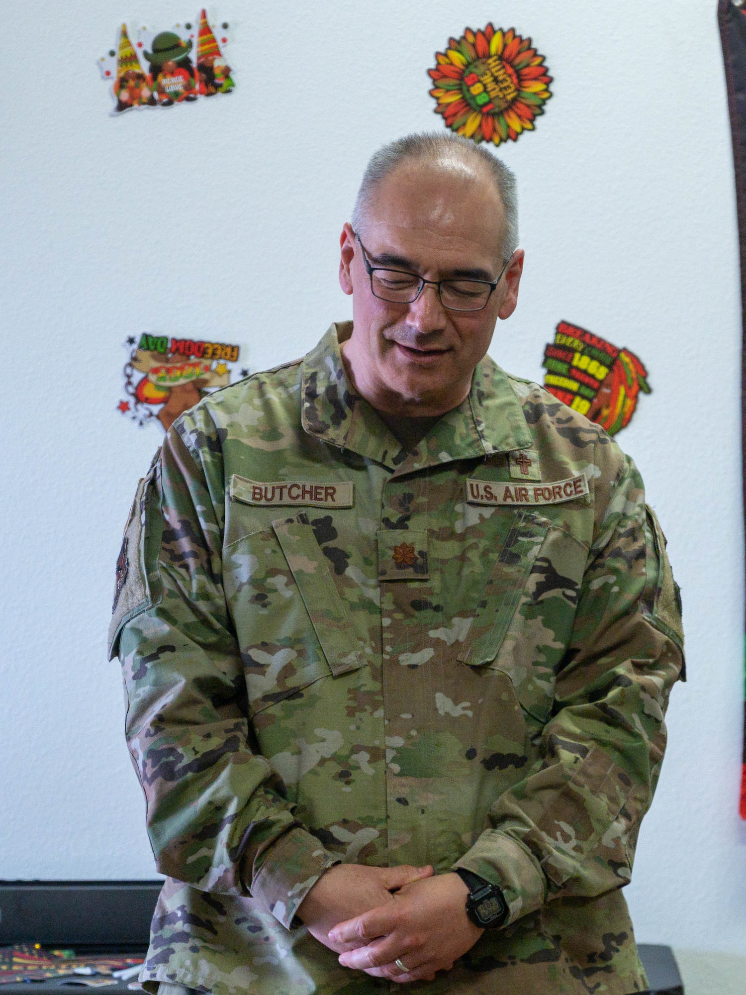 U.S. Air Force Maj. Benjamin Butcher, 56th Fighter Wing Chaplain Corps chaplain, delivers a invocation for the food and festivities at a Juneteenth cookout June 16, 2023, at Luke Air Force Base, Arizona.
