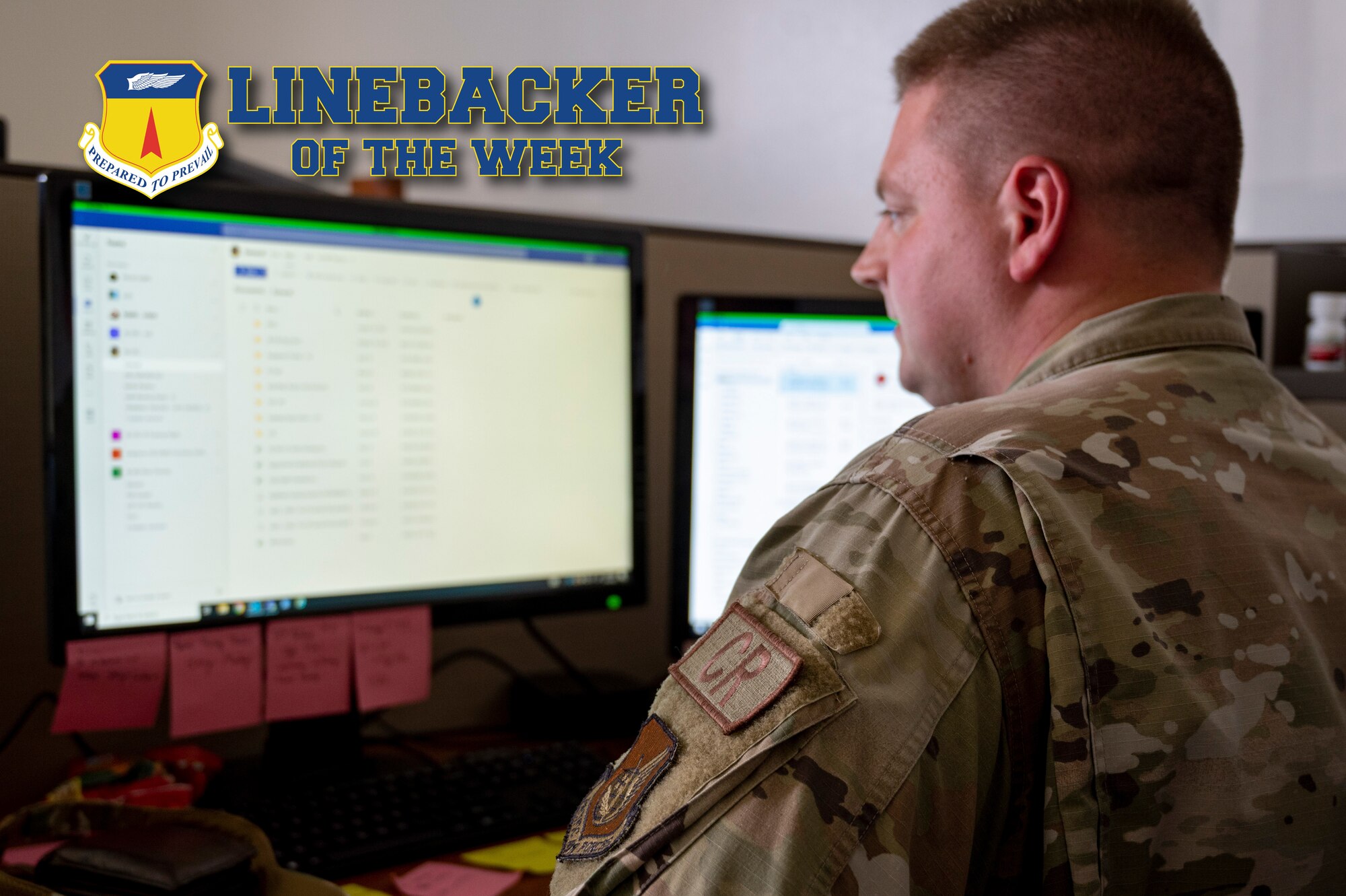 U.S. Air Force Staff Sgt. Lucas Tate, unit training manager assigned to the 36th Contingency Response Squadron, works at his desk at Andersen Air Force Base, Guam, June 14, 2023. The Team Andersen Linebacker of the Week recognizes outstanding enlisted, officer, civilian and total force personnel who have had an impact on achieving Team Andersen’s mission, vision and priorities. (U.S. Air Force photo by Airman 1st Class Emily Saxton)