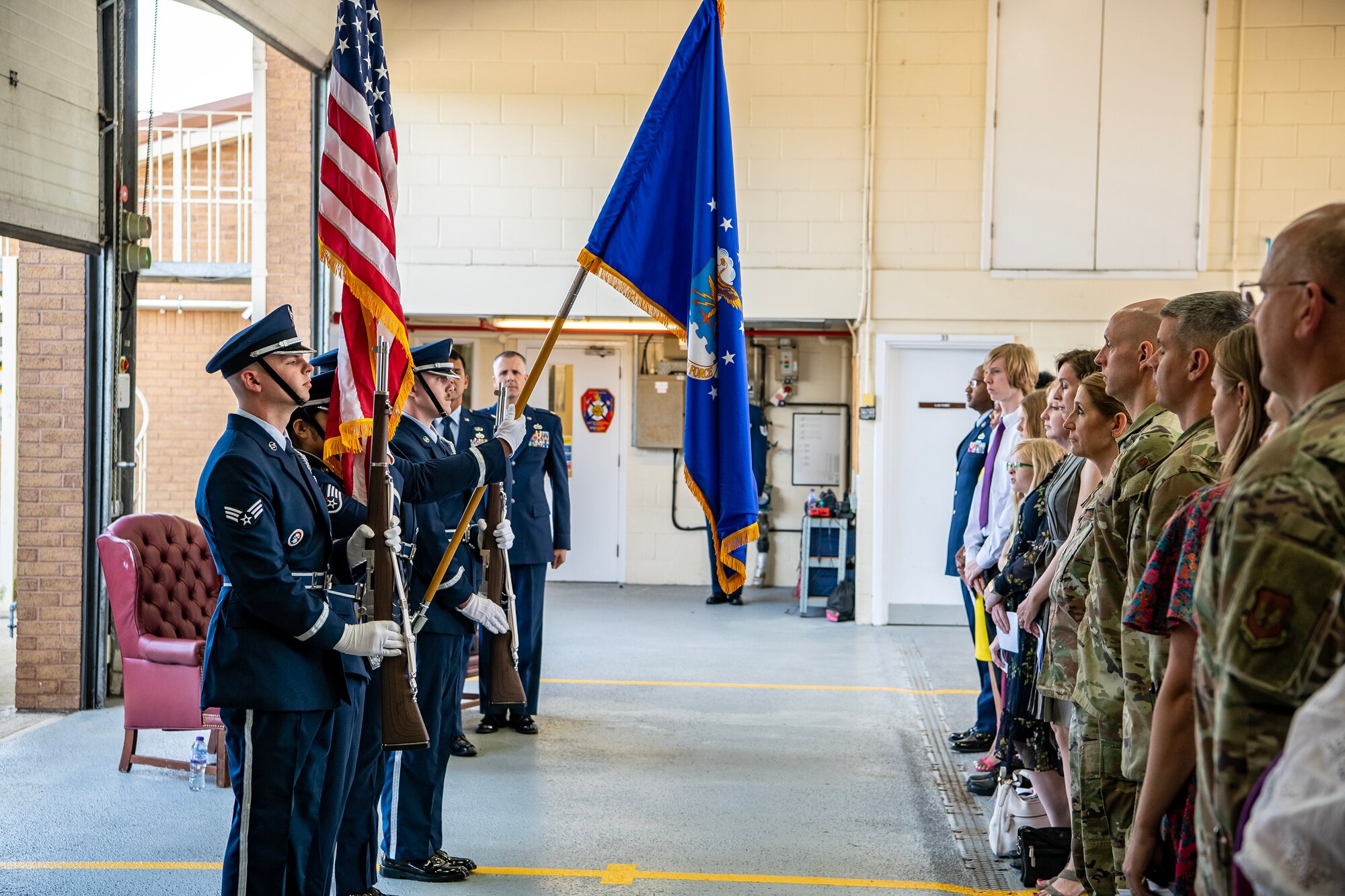 Airmen from the 501st Combat Support Wing stand at attention during a change of command ceremony at RAF Croughton, England, June 15, 2023. Lt. Col. Jethro Sadorra relinquished command of the 422d Civil Engineer Squadron to Maj. Kirk Hull. (U.S. Air Force photo by Staff Sgt. Eugene Oliver)