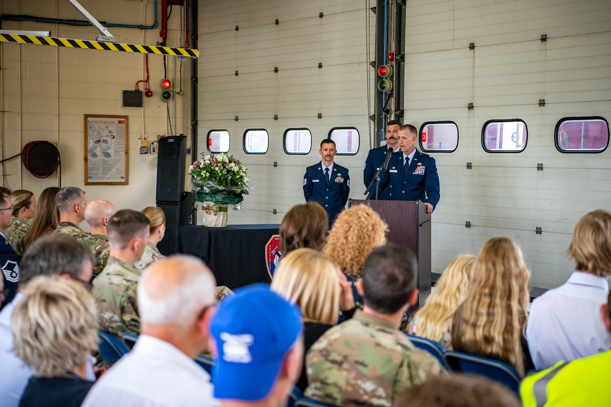 U.S. Air Force Kirk Hull, 422d Civil Engineer Squadron commander, speaks during a change of command ceremony at RAF Croughton, England, June 15, 2023. Prior to assuming command, Hull served as the commander of the Programs and Evaluations Flight at the 554th RED HORSE Squadron, Andersen AFB, Guam. (U.S. Air Force photo by Staff Sgt. Eugene Oliver)