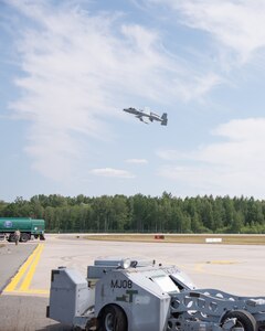 A U.S. Air Force A-10 Thunderbolt II aircraft assigned to the 127th Wing, Michigan National Guard, departs Lielvarde Air Base, Latvia, June 14, 2023. More than 30 Michigan Air National Guard members from the 127th Wing are training in Latvia as part of the National Guard Bureau’s State Partnership Program, giving them a twofold opportunity to practice launching and receiving A-10 Thunderbolt II aircraft from austere sites and to work with Latvian counterparts.